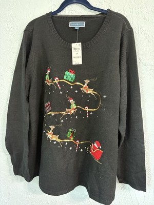 NWT Karen Scott Whimsy Sweater Holiday Party Sz 3X Black Reindeers Santa