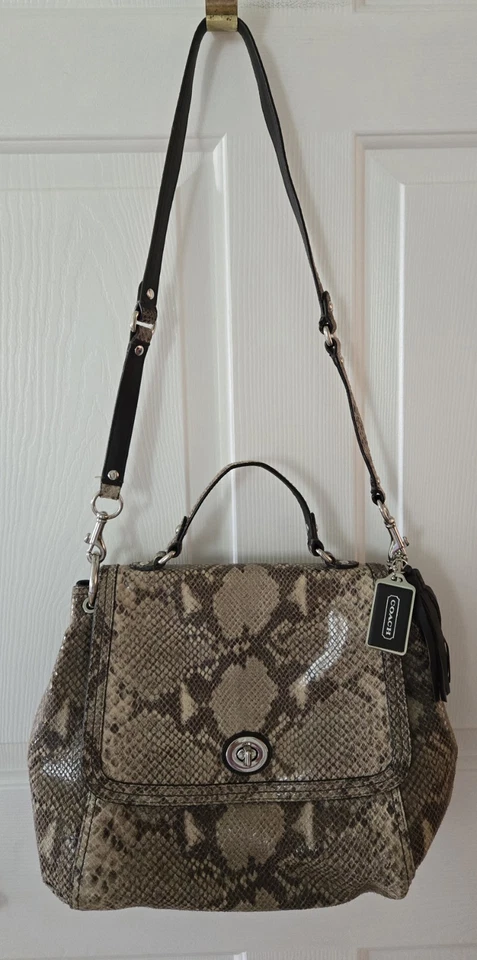 Coach Park Python Brown Beige Large Flap TurnLockBag F24392 Satchel or Shoulder - Image 3 of 4