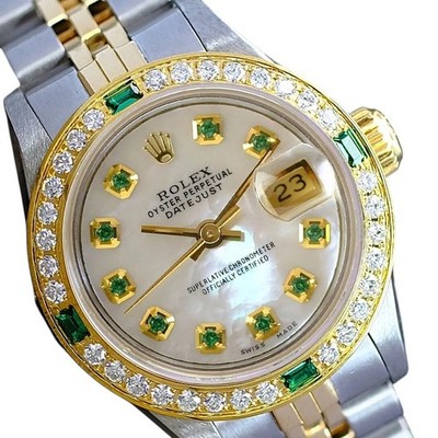 Rolex Datejust Womens Watch 18KY & Steel White MOP Dial Diamond-Emerald Bezel