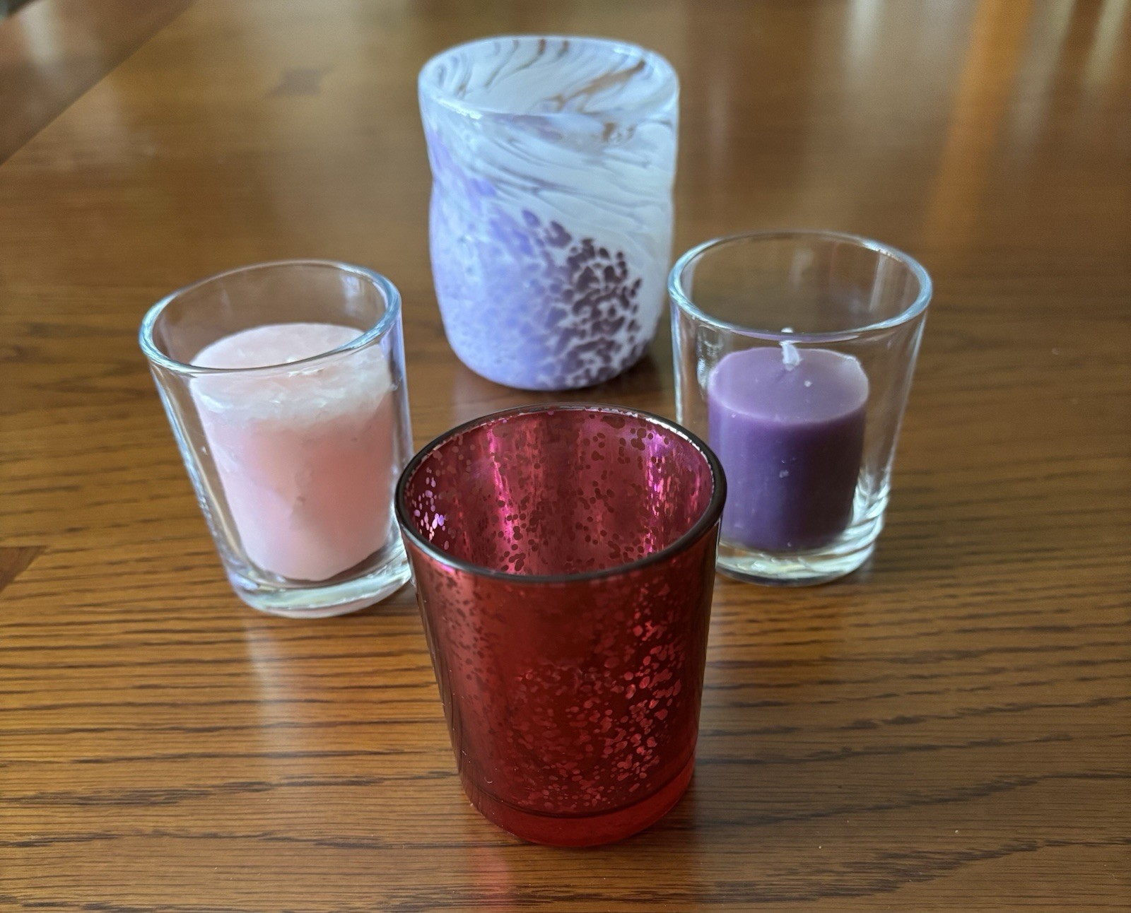 4 Glass Votive Candle Holders, 2 Votive Candles, One 6 Inch 