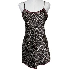 Vintage Tessu Leopard Animal Print Satin Chemise Slip Dress S Pink Trim Y2K