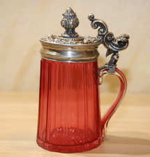 Antiker Prunk-Bierkrug Historismus Rubinglas 800er Echtsilber-Deckel Defekt 19cm