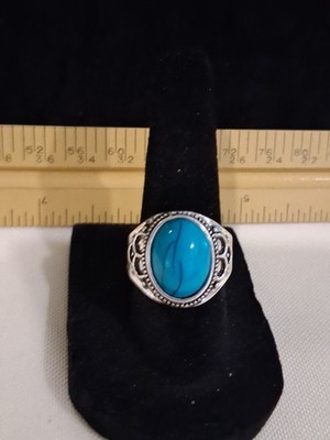 Pretty Silver Toned Dyed Blue Howlite Cabochon Ring Size 7.5 - 7