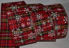 Wired Ribbon Christmas Red Tartan Plaid White Snowflake 2.5" Holiday Wreath Bow