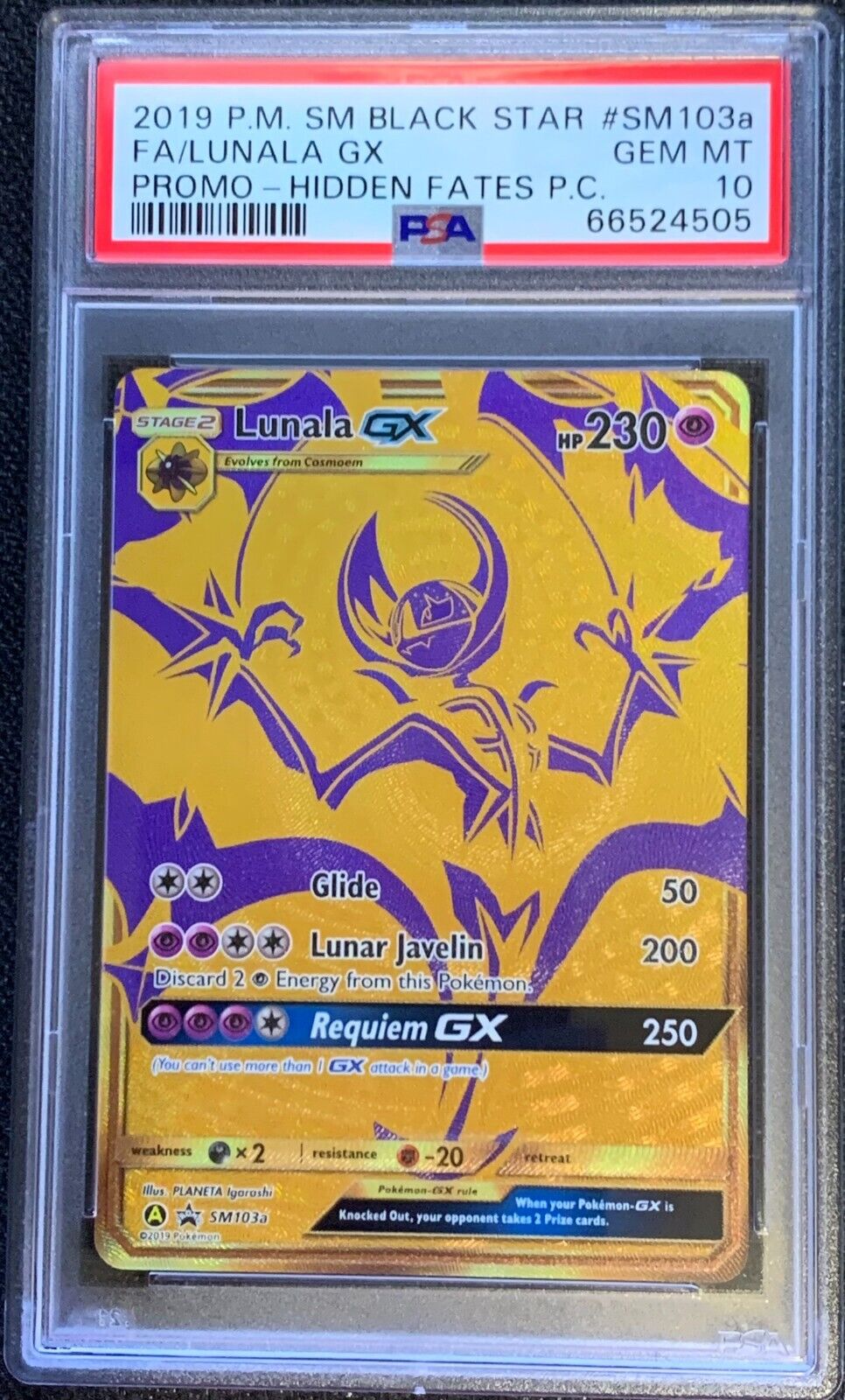 PSA 10 Gold Lunala GX Full Art Promo SM103a Hidden Fate