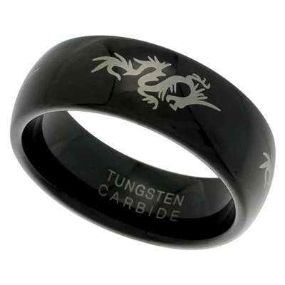 8mm Schwarz Wolfram Gewölbter Ehering, Geätzt Chinesisch Drachen Komfort Für - Bild 1 von 2