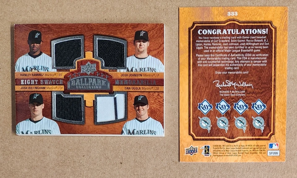 Tarjeta 2008 Upper Deck Game Usada 8 Eight Swatch Rays/Marlins Rocco Upton Ramírez Foto 4 de 4