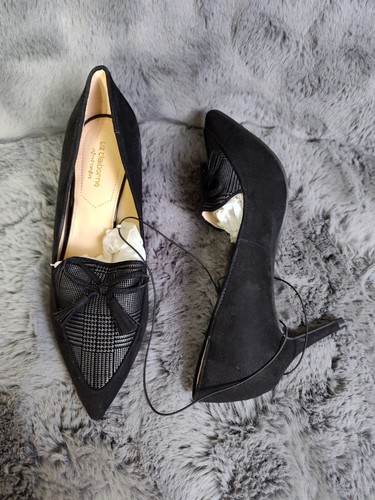 Liz Claiborne LC Athea Heel 6 1/2W Black Plaid Fabric Slip On Tassel Bow Pump - Picture 5 of 20