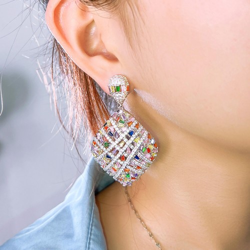 Silver Plated Cubic Zircon Big Geometric Drop Dangle Earrings for Women Wedding