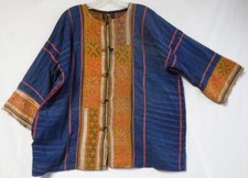 Vtg 60s Traditional Thailand Handmade Cross Stitch Textile Shirt w/ Wood Buttons