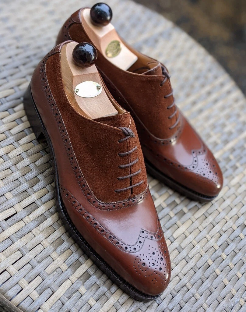 Handmade Mens Tan brown wingtip Leather Dress shoes, Men brogue formal shoes