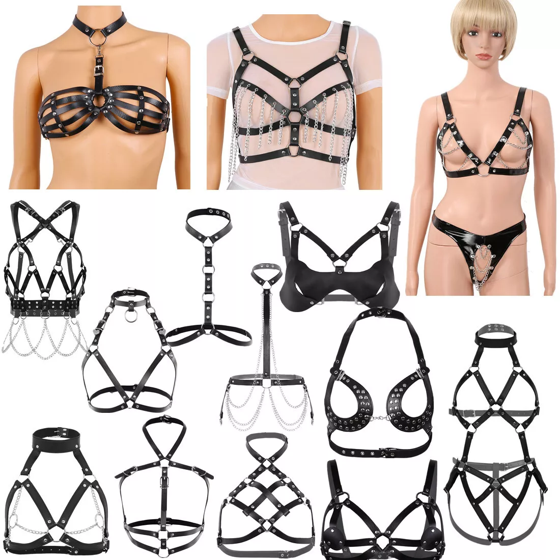 Women Goth Lingerie PU Leather Body Chest Harness Cage Bra Bralette Club  Costume