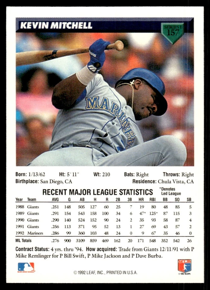 1993 Donruss Baseball Card Kevin Mitchell Seattle Mariners #157 - Image 2 of 2