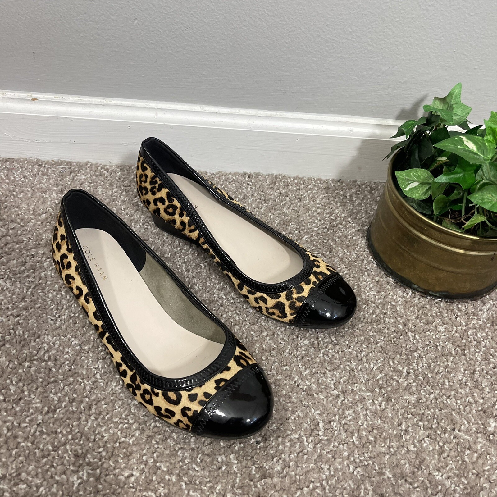 Cole Haan Elsie Wedge Pumps Shoe Calf Hair Black Cap Toe Leopard Womens  Size 8 B | eBay