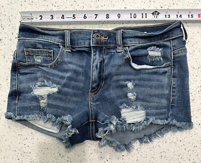 Sneak Peek Women's Mid Rise Distressed Denim Shorts Blue Size