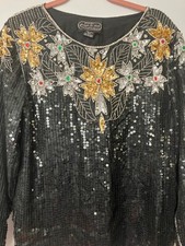 VTG Silk Art Deco Jeweled Gatsby Floral Beaded Sequin Dress Top M Made in India