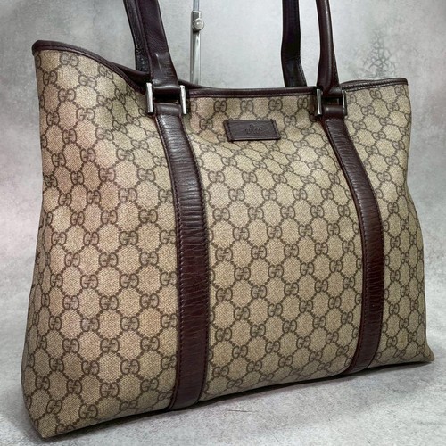 GUCCI GG Tote Hand Bag Magnetic Leather PVC Brown Beige Silver Hardware Japan