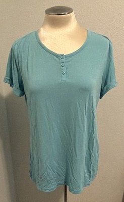 Coral Bay Cooling Sleep Wear Blue Solid Henley Sleep Shirt Short Sleeve S