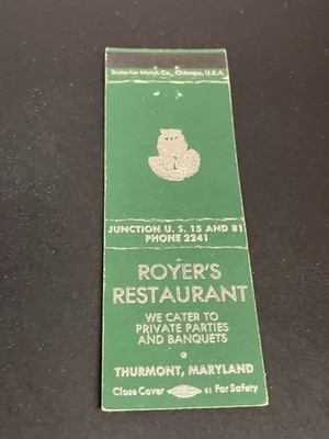 Vintage Maryland Matchbook  ROYER'S RESTAURANT  Thurmont