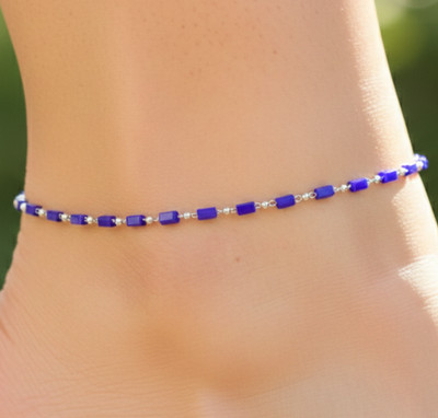 Sapphire Blue Beaded Chain Anklet 925 Silver Plated Brass Designer Anklet