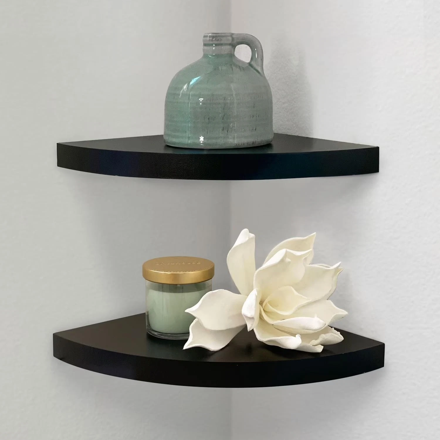 Black Wood Corner Floating Shelves 2 Pack 9.45 Inch Wall Mounted Bedroom Bathroo