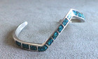 Vtg Cast STERLING Silver Crushed TURQUOISE Asymmetrical CUFF BRACELET Inlay 6" — photo 4