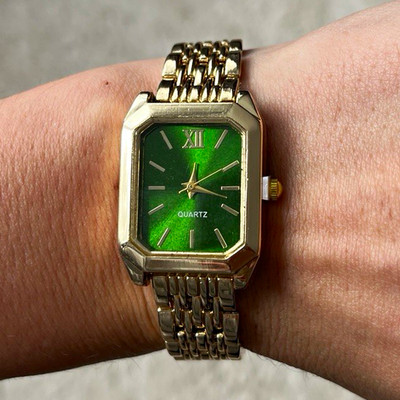 Damen Armbanduhr Quarz analog rechteckig gold Edelstahlarmband grün Zifferblatt