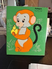 Vintage Playskool Monkey Shines Wooden Tray Puzzle Monkey Banana Made In USA