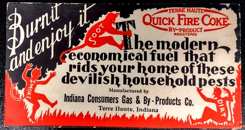 Terre Haute Quick Fire Coke By-Product Vintage Label, Devilish Imagery 6" x 3"