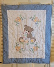 Vintage Baby Comforter Blanket Handmade Bear Hearts Crib Quilt Nursery 34"x41"