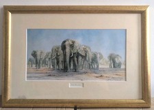 David Shepherd print 'Savuti Waterhole' Elephants 30 X 44 cm Golden Frame