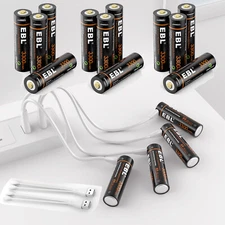 EBL 1.5V USB Rechargeable AA Lithium Battery 3300mwh Li-ion Batteries +Cable Lot