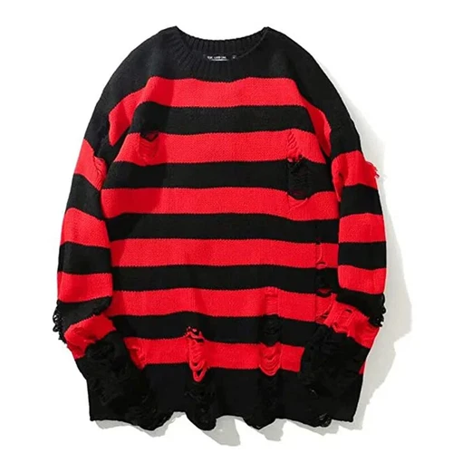 Maglioni a righe neri distrutti strappati maglione uomo pullover maglia foro maglioni - Foto 11 di 21