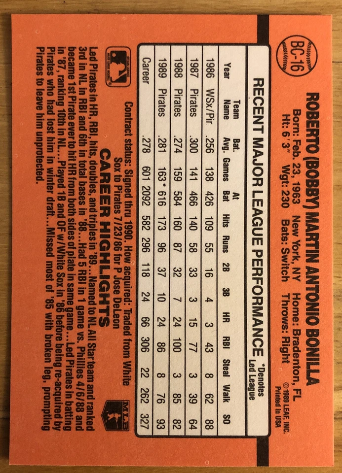 1990 年 Donruss Bobby Bonilla MVP棒球卡 #BC-16 海盗三垒高级 — 第 2/2 张图片