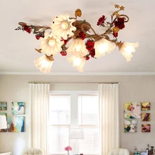 Elegant Iron Rose Semi Flush Mount Ceiling Light Multi-bulbs Glass Ceiling Lamp