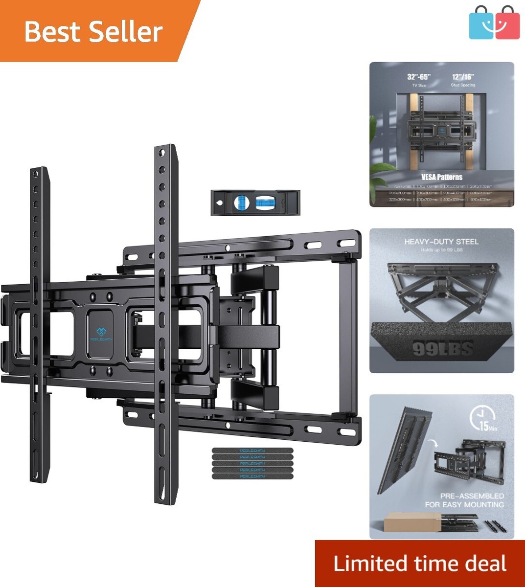 Articulating TV Mount for 32-65 Inch Screens - 90 Degree Swivel, 5