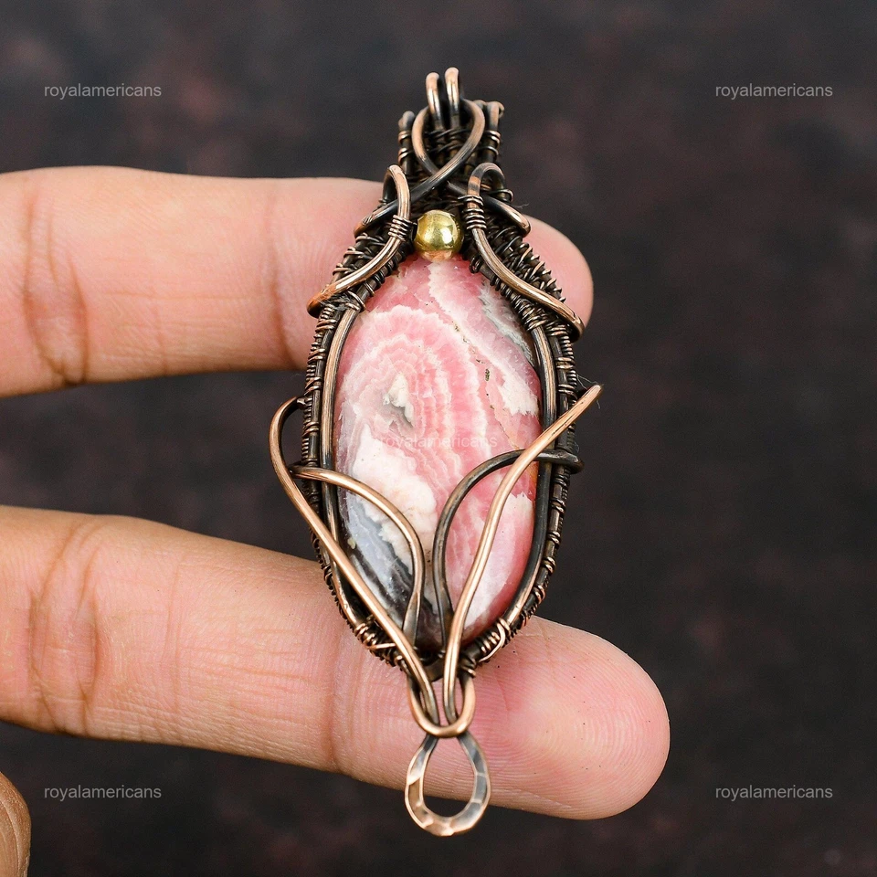 Joyería de piedras preciosas de rodocrosita regalo de cobre para mamá colgante envuelto en alambre 3,03" Foto 4 de 4