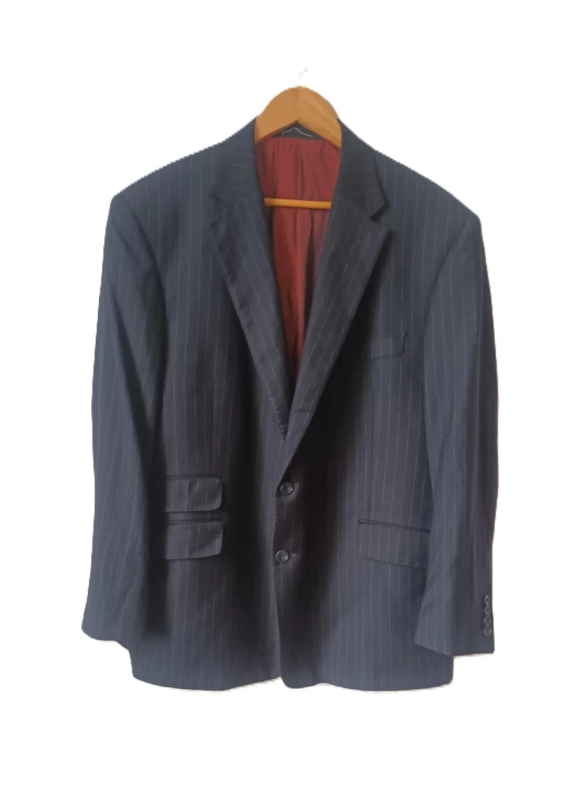 Navy Stripe Pure New Wool Blazer Jacket | Deep Red Lining Inspired Saville Road
