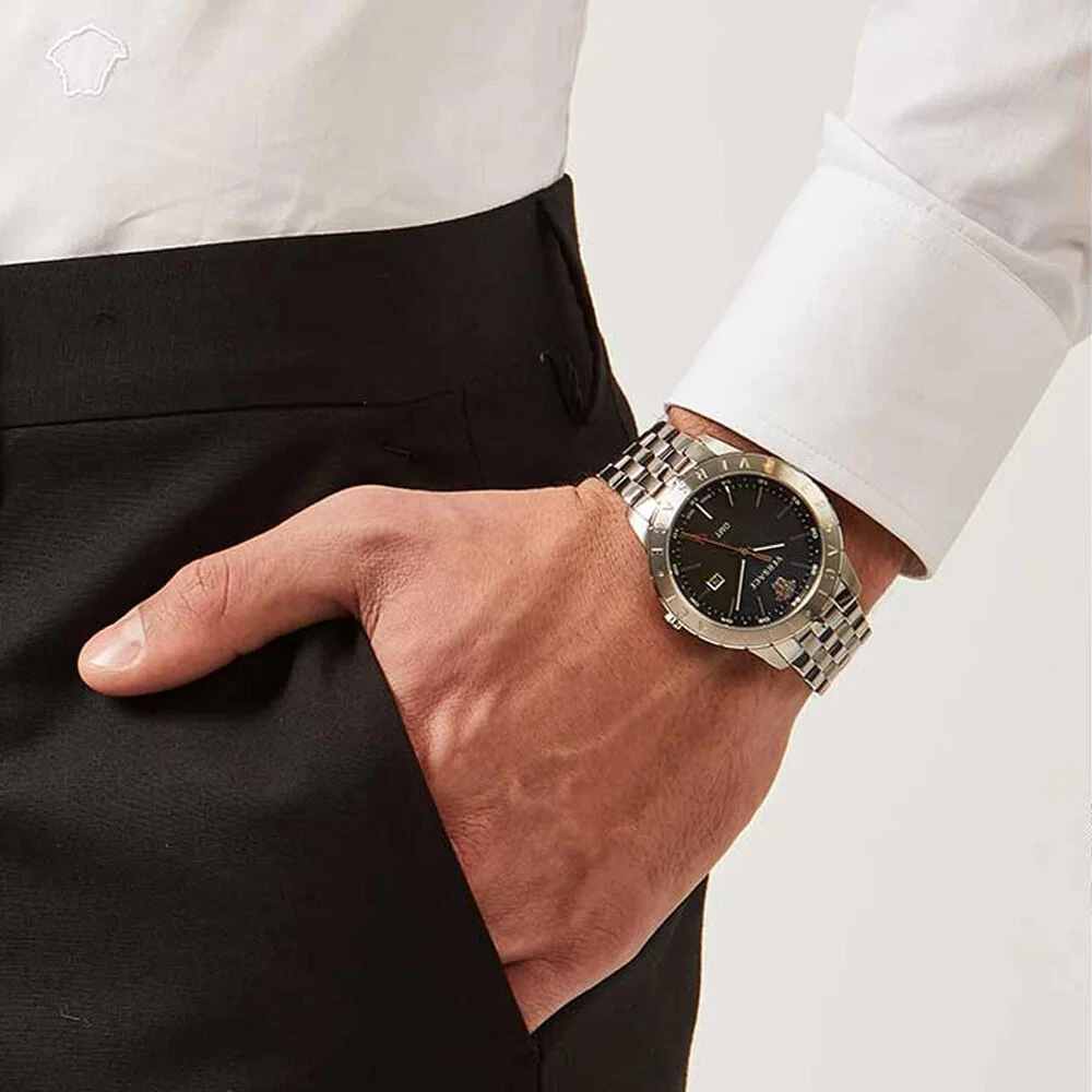 Versace VEBK00418 Univers GMT nero argento acciaio inox orologio da polso uomo NUOVO