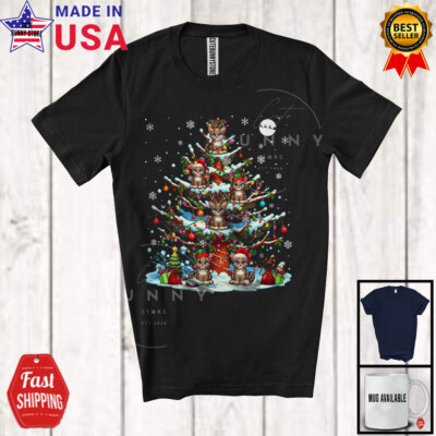 Reindeer Santa Elf Ocelot Christmas On Tree; Joyful X-mas Lights; Animal T-Shirt