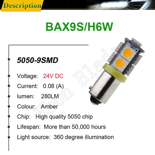 2x 24V DC BAX9S 5050 LED H6W Amber Orange Indicator Side Marker Light Globe Bulb - Picture 2 of 7