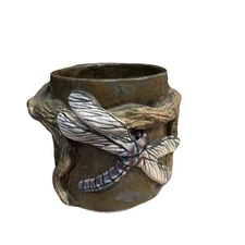 Dragonfly Mug Pottery Handmade Applied Leaves Branch Coffee Cup Clay Art Signed