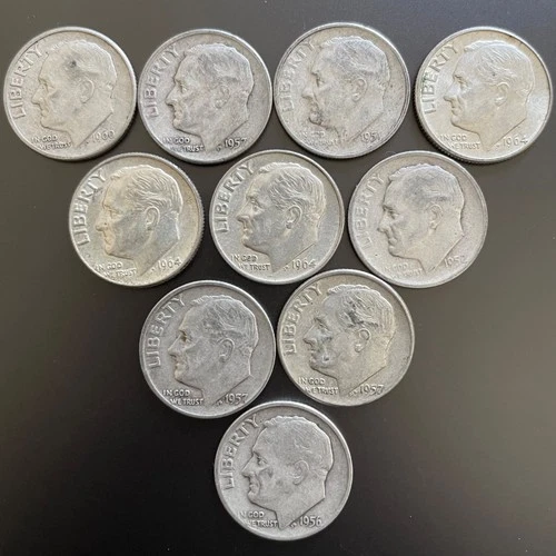 Lot of 10 Silver Roosevelt Dimes - Pre-1965 - 90% Silver - FREE SHIPPING!