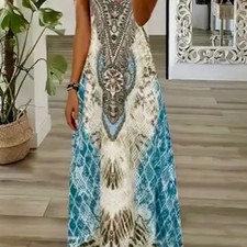 NWOT Ladies Sz S Elegant Blue and Cream Maxi Dress