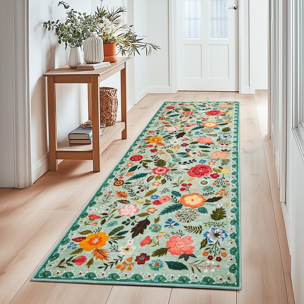 Flur Teppich Kurzflor LäUfer Blumenmuster Vintage Boho Rutschfest GrüN 80X150Cm-image