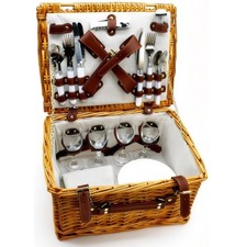 Wicker Picnic Basket Hamper for 4 w/ Wine Glasses Cutlery Plates Set