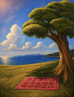 Oil Painting on Canvas - Realism Landscape: Tree, Seascape, Red Rug
