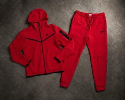 Nike Tech Fleece Red Black Full Zip Hoodie & Joggers Matching Set Mens