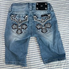 Miss Me Girls Light Wash Denim Bermuda Shorts Cross Sequin Pockets Size 7