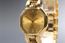 [Near MINT] Vintage Christian Dior 45.154 11P Diamond Date Gold Qz Ladies Watch